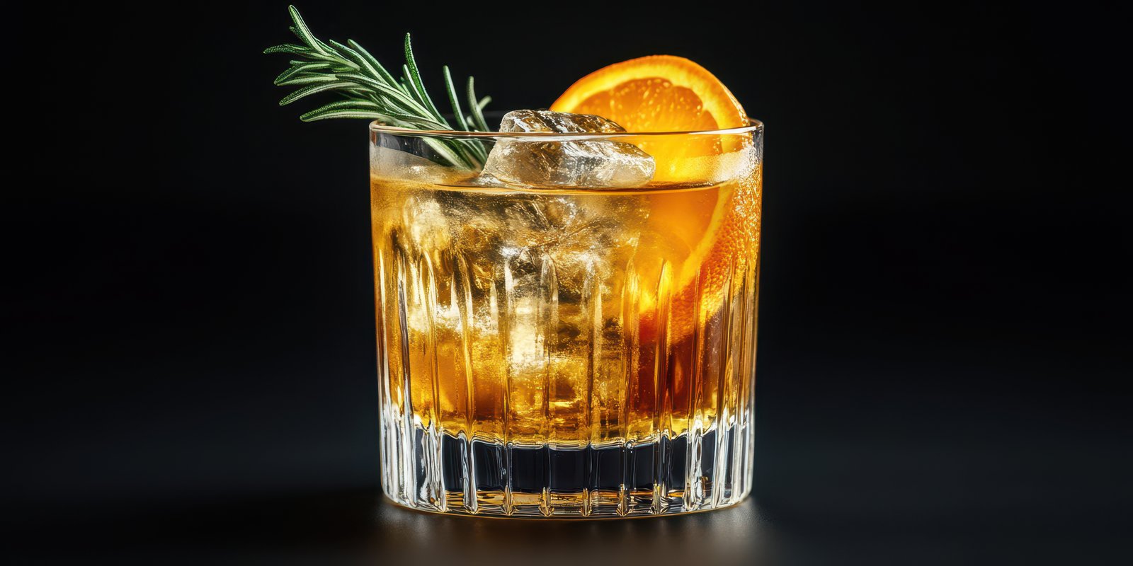 Refreshing cocktail with ice, orange slice, and rosemary garnish on a dark background